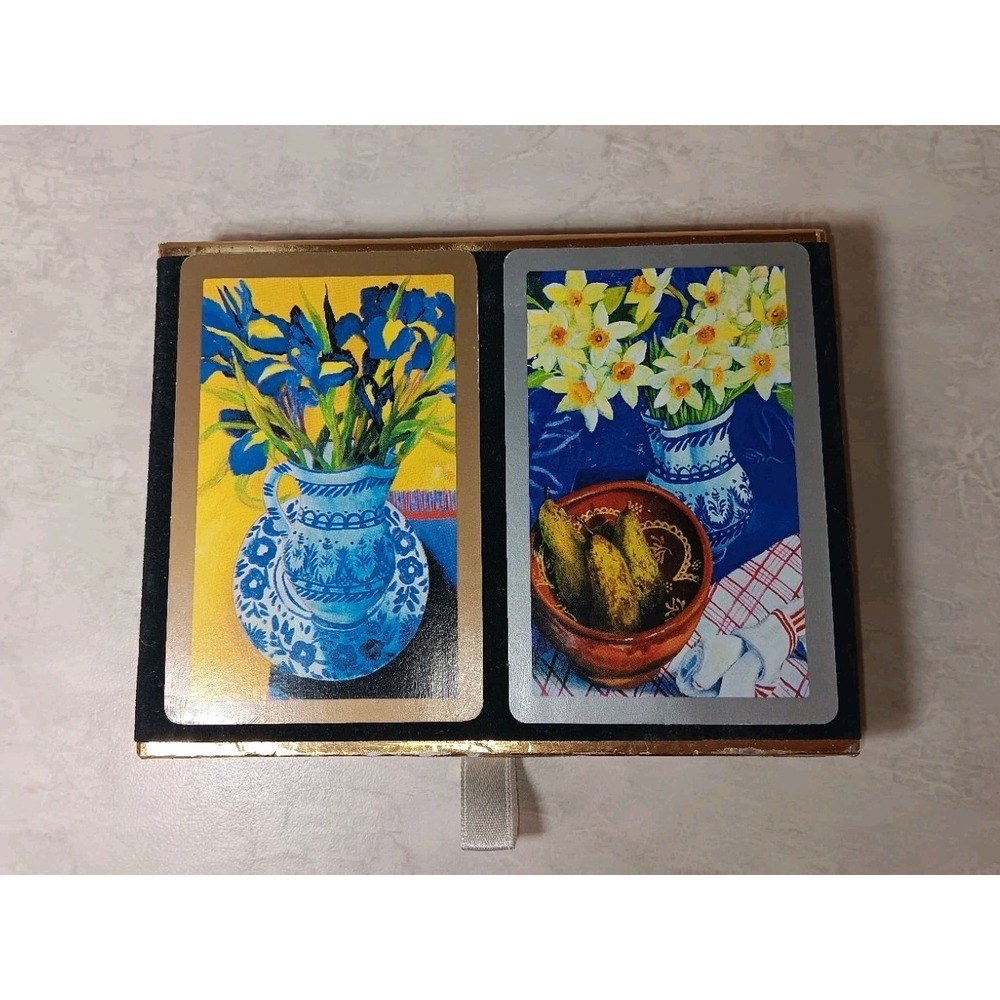 Vtg Floral Vase Breakfast Congress Playing Cards Double Deck Gorgeous Felt Box